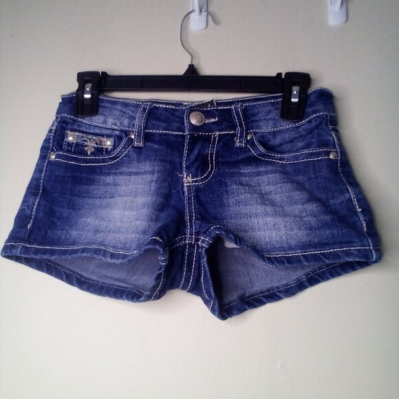 Soundgirl Shorts Juniors 1 Button Pockets Embroidery Rhinestones Denim Blue - Picture 2 of 14
